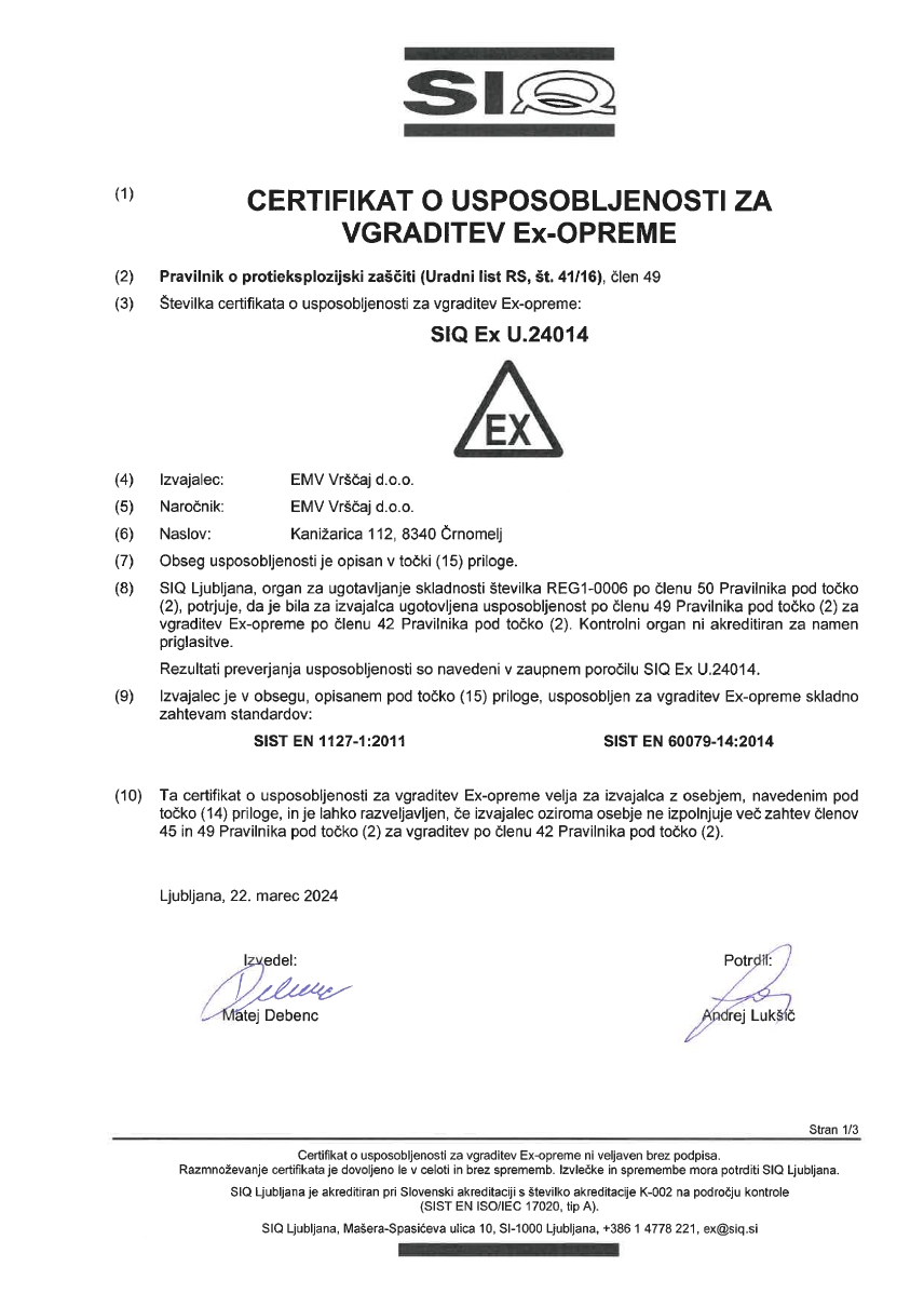 certifikat o usposobljenosti za vgraditev Ex opreme