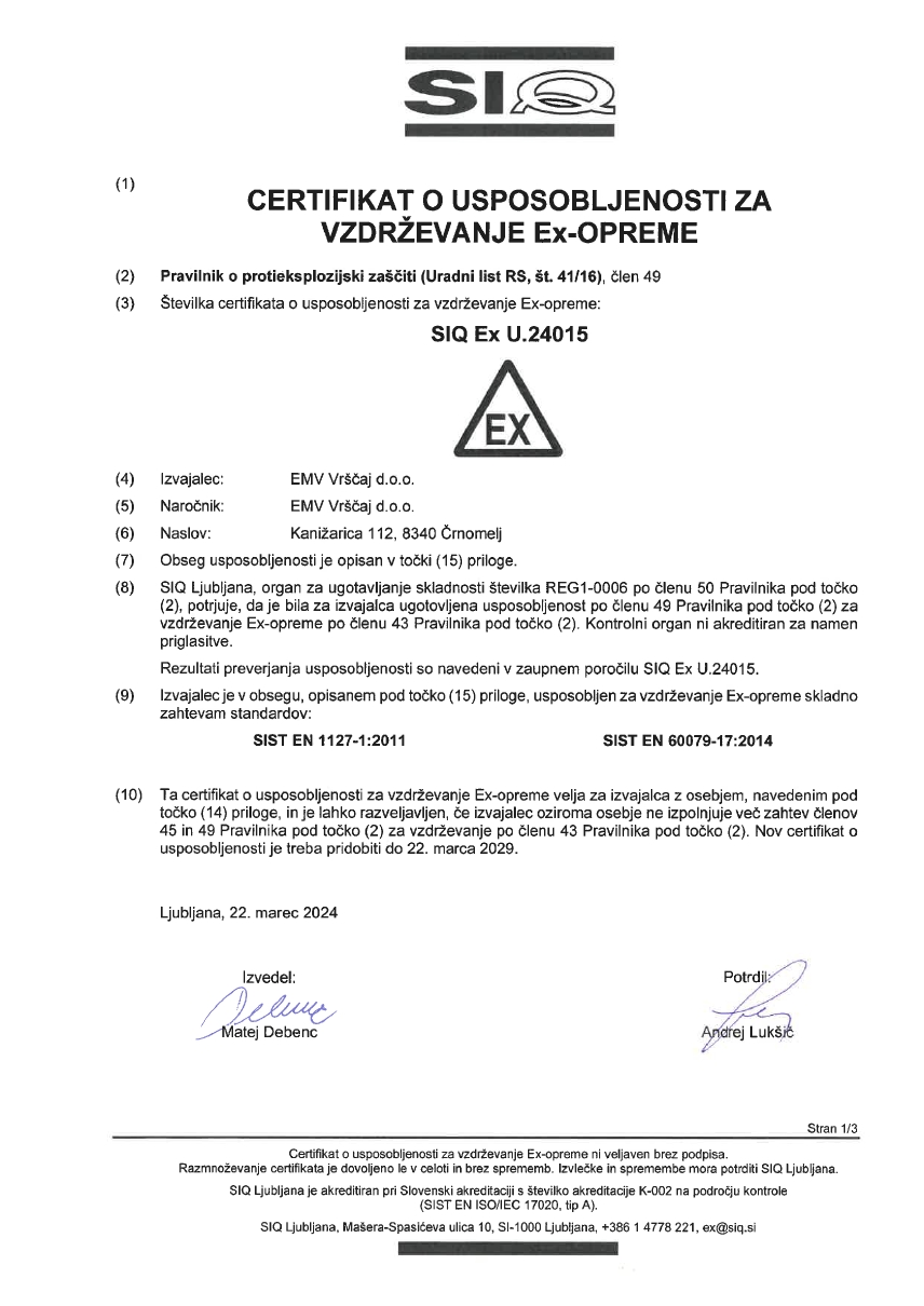 certifikat o usposobljenosti za vzdrževanje Ex opreme